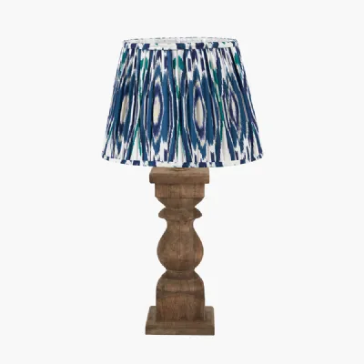 Kavya Antique Brown Turned Wood Table Lamp Base with Izara 45cm Ocean Blue Ikat Patterned Mushroom Pleat Tapered Lampshade