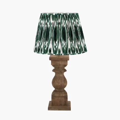 Kavya Antique Brown Turned Wood Table Lamp Base with Izara 45cm Racing Green Ikat Patterned Mushroom Pleat Tapered Lampshade