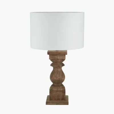 Kavya Antique Brown Turned Wood Table Lamp Base with Lino 45cm White Self Lined Linen Cylinder Lampshade