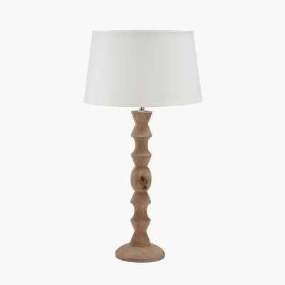 Ayra Natural Modernist Large Turned Wood Table Lamp Base with Winston 40cm White Handloom Tapered Lampshade