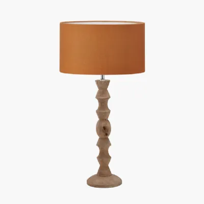 Ayra Natural Modernist Large Turned Wood Table Lamp Base with Henry 40cm Mustard Handloom Cylinder Lampshade