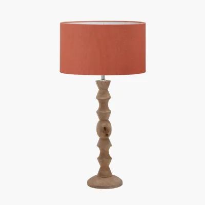 Ayra Natural Modernist Large Turned Wood Table Lamp Base with Henry 40cm Tobacco Handloom Cylinder Lampshade