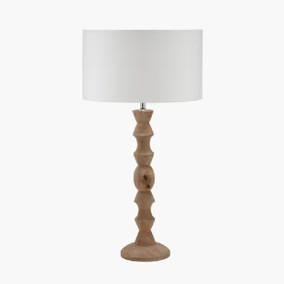 Ayra Natural Modernist Large Turned Wood Table Lamp Base with Henry 40cm White Handloom Cylinder Lampshade