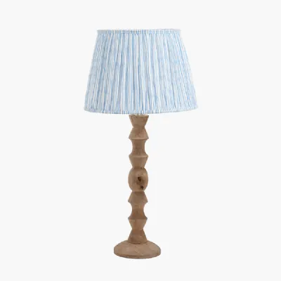 Ayra Natural Modernist Large Turned Wood Table Lamp Base with Thiago 40cm Ocean Blue Stripe Mushroom Pleat Tapered Lampshade