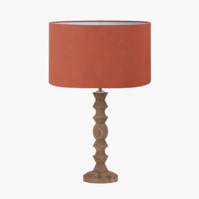Ayra Natural Modernist Turned Wood Table Lamp Base with Henry 35cm Tobacco Handloom Cylinder Lampshade