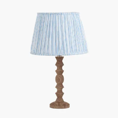 Ayra Natural Modernist Turned Wood Table Lamp Base with Thiago 35cm Ocean Blue Stripe Mushroom Pleat Tapered Lampshade