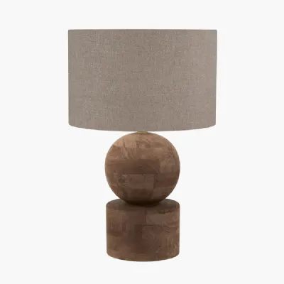 Ziva Antique Brown Round Wood Table Lamp Base with Edward 40cm Natural Linen Cylinder Lampshade