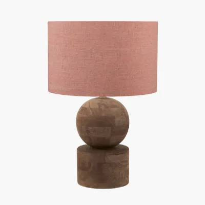 Ziva Antique Brown Round Wood Table Lamp Base with Edward 45cm Apricot Linen Cylinder Lampshade