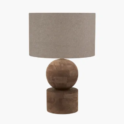 Ziva Antique Brown Round Wood Table Lamp Base with Edward 45cm Natural Linen Cylinder Lampshade