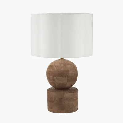 Ziva Antique Brown Round Wood Table Lamp Base with Bloom 45cm White Handloom Scalloped Cylinder Lampshade