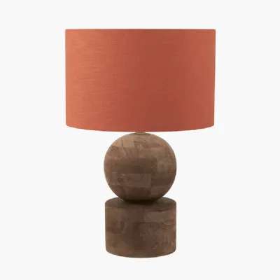 Ziva Antique Brown Round Wood Table Lamp Base with Lino 45cm Cinnamon Self Lined Linen Cylinder Lampshade