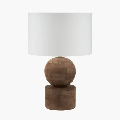 Ziva Antique Brown Round Wood Table Lamp Base with Lino 45cm White Self Lined Linen Cylinder Lampshade