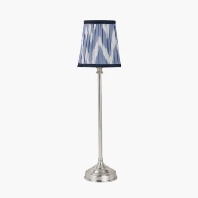 Auden Silver Metal Stick Table Lamp Base with Kamilah 14cm Blue Chevron Patterned Mushroom Pleat Tall Tapered Candle Clip Lampshade