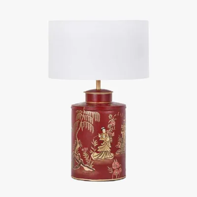 Landscape Red Hand Painted Metal Table Lamp Base with Harry 35cm Ivory Cotton Mix Cylinder Lampshade