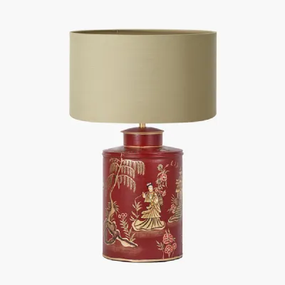 Landscape Red Hand Painted Metal Table Lamp Base with Harry 35cm Taupe Cotton Mix Cylinder Lampshade
