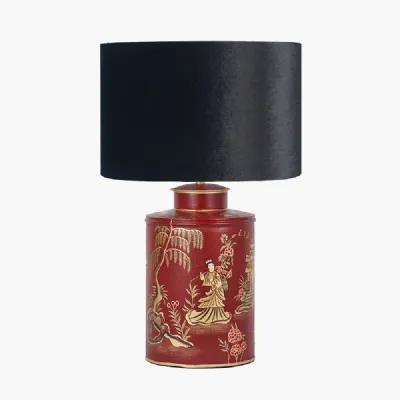 Landscape Red Hand Painted Metal Table Lamp Base with Bow 35cm Black Velvet Cylinder Lampshade