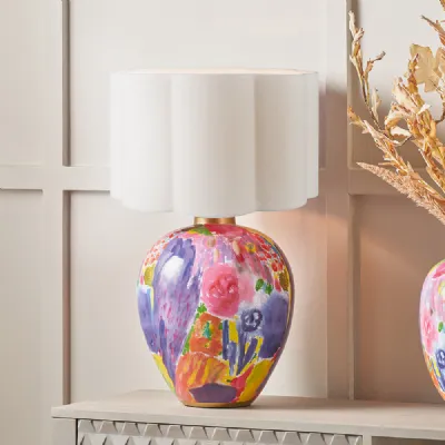 Multi Coloured Marble Effect Table Lamp with Scalloped Shade