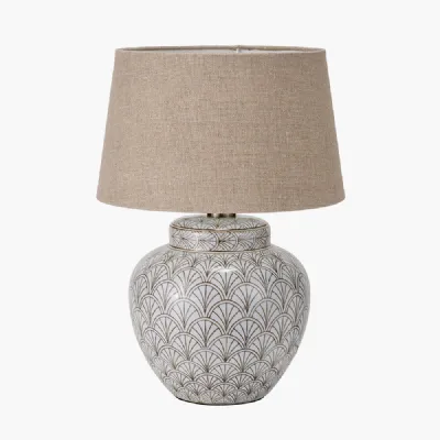 Barbier White Art Deco Fan Ceramic Table Lamp Base with Milos 35cm Natural Linen Tapered Lampshade