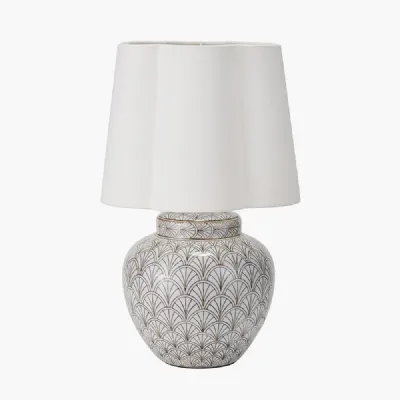 Barbier White Art Deco Fan Ceramic Table Lamp Base with Posy 35cm White Handloom Scalloped Tapered Lampshade