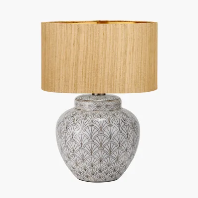 Barbier White Art Deco Fan Ceramic Table Lamp Base with Stellan 35cm Gold Slubbed Silk Mix Gold Lined Cylinder Lampshade