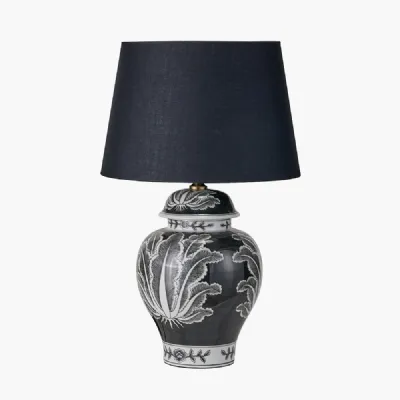 Asteria Black and White Feather Ceramic Urn Table Lamp Base with Adelaide 40cm Black Tapered Cotton Mix Lampshade