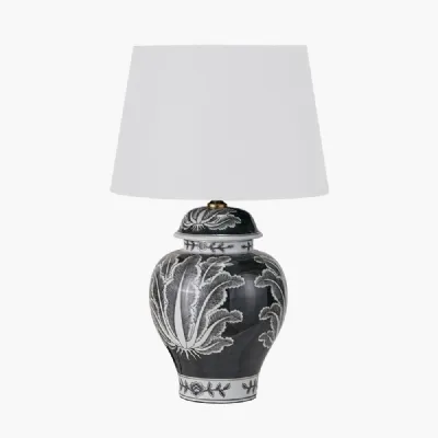 Asteria Black and White Feather Ceramic Urn Table Lamp Base with Adelaide 40cm Ivory Tapered Cotton Mix Lampshade