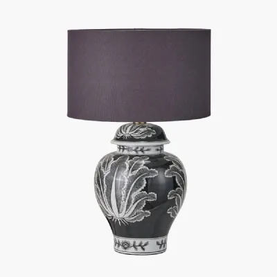 Asteria Black and White Feather Ceramic Urn Table Lamp Base with Henry 40cm Grey Handloom Cylinder Lampshade