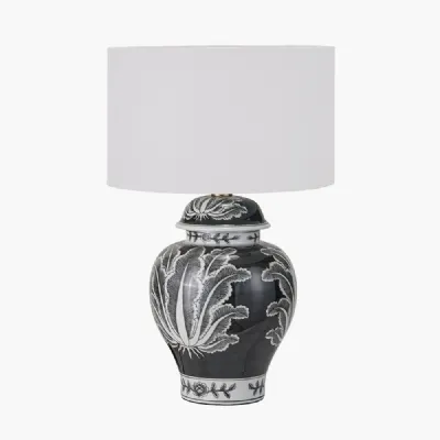 Asteria Black and White Feather Ceramic Urn Table Lamp Base with Henry 40cm White Handloom Cylinder Lampshade