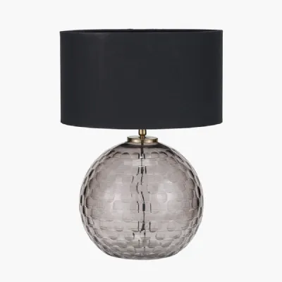 Camille Smoke Grey Circle Design Handcut Glass Table Lamp Base with Harry 30cm Black Cotton Mix Cylinder Lampshade