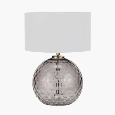 Camille Smoke Grey Circle Design Handcut Glass Table Lamp Base with Harry 30cm Ivory Cotton Mix Cylinder Lampshade