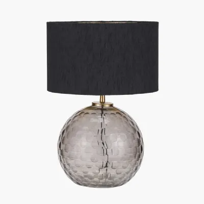 Camille Smoke Grey Circle Design Handcut Glass Table Lamp Base with Stellan 30cm Black Slubbed Silk Mix Gold Lined Cylinder Lampshade