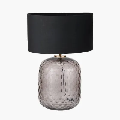 Camille Large Smoke Grey Circle Design Handcut Glass Table Lamp Base with Harry 35cm Black Cotton Mix Cylinder Lampshade