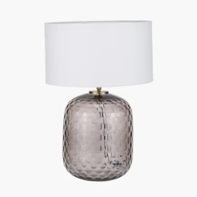 Camille Large Smoke Grey Circle Design Handcut Glass Table Lamp Base with Harry 35cm Ivory Cotton Mix Cylinder Lampshade