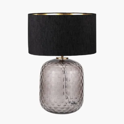 Camille Large Smoke Grey Circle Design Handcut Glass Table Lamp Base with Stellan 35cm Black Slubbed Silk Mix Gold Lined Cylinder Lampshade