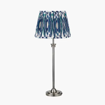 Salvatore Antique Silver Metal Table Lamp Base with Izara 35cm Ocean Blue Ikat Patterned Mushroom Pleat Tapered Lampshade