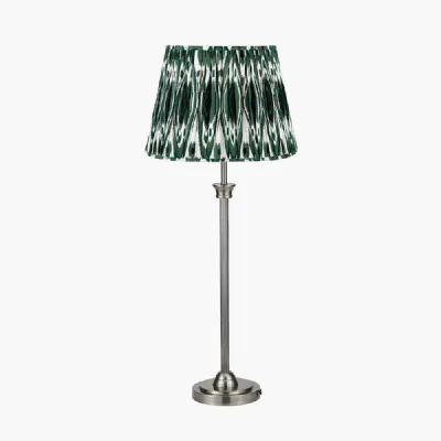 Salvatore Antique Silver Metal Table Lamp Base with Izara 35cm Racing Green Ikat Patterned Mushroom Pleat Tapered Lampshade