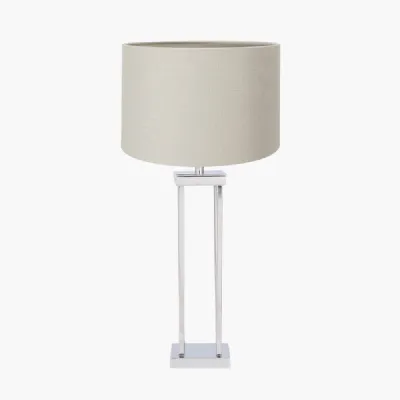 Langston Nickel Metal Column Table Lamp Base with Lino 40cm Grey Self Lined Linen Cylinder Lampshade