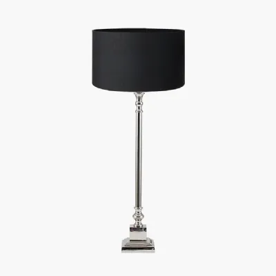 Claudius Nickel Metal Stick Table Lamp Base with Harry 30cm Black Cotton Mix Cylinder Lampshade