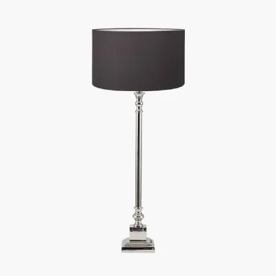Claudius Nickel Metal Stick Table Lamp Base with Henry 30cm Grey Handloom Cylinder Lampshade
