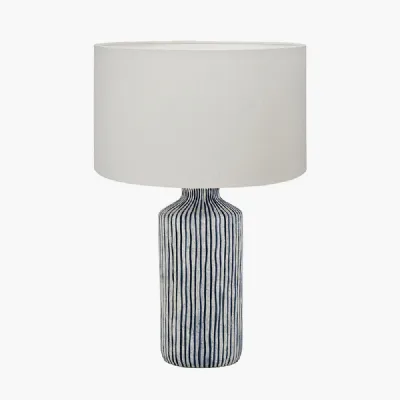 Bude Blue and White Stripe Stoneware Table Lamp Base with Henry 40cm White Handloom Cylinder Lampshade