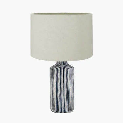 Bude Blue and White Stripe Stoneware Table Lamp Base with Lino 40cm Cream Self Lined Linen Cylinder Lampshade