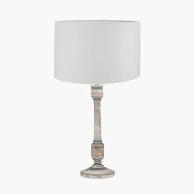 Captiva Grey Wash Mango Wood Table Lamp Base with Lino 35cm White Self Lined Linen Cylinder Lampshade