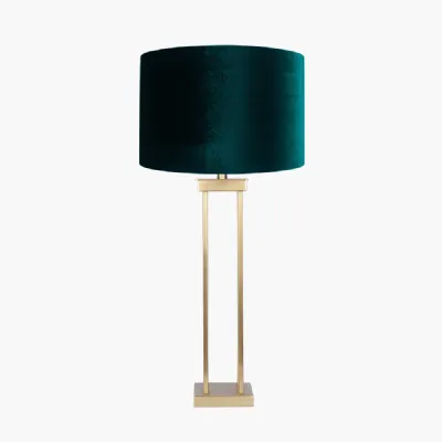 Langston Satin Brass Metal Column Table Lamp Base with Bow 40cm Forest Green Velvet Cylinder Lampshade