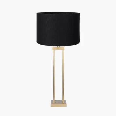 Langston Satin Brass Metal Column Table Lamp Base with Lino 40cm Black Self Lined Linen Cylinder Lampshade