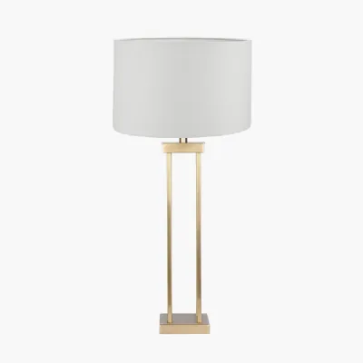 Langston Satin Brass Metal Column Table Lamp Base with Lino 40cm White Self Lined Linen Cylinder Lampshade