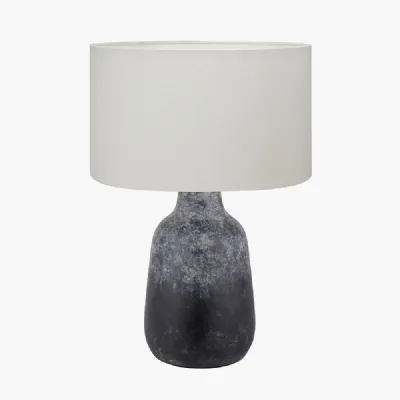 Vulcan Textured Volcanic Effect Grey Stoneware Table Lamp Base with Henry 35cm White Handloom Cylinder Lampshade
