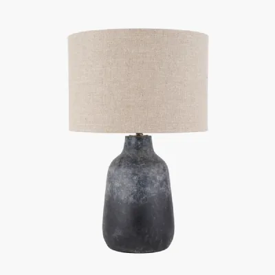 Vulcan Textured Volcanic Effect Grey Stoneware Table Lamp Base with Edward 35cm Natural Linen Cylinder Lampshade