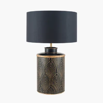Deco Black Geo Art Deco Hand Painted Table Lamp Base with Harry 40cm Black Cotton Mix Cylinder Lampshade