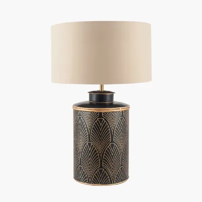 Deco Black Geo Art Deco Hand Painted Table Lamp Base with Harry 40cm Taupe Cotton Mix Cylinder Lampshade