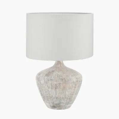 Manaia White Wash Textured Wood Table Lamp Base with Lino 35cm White Self Lined Linen Cylinder Lampshade